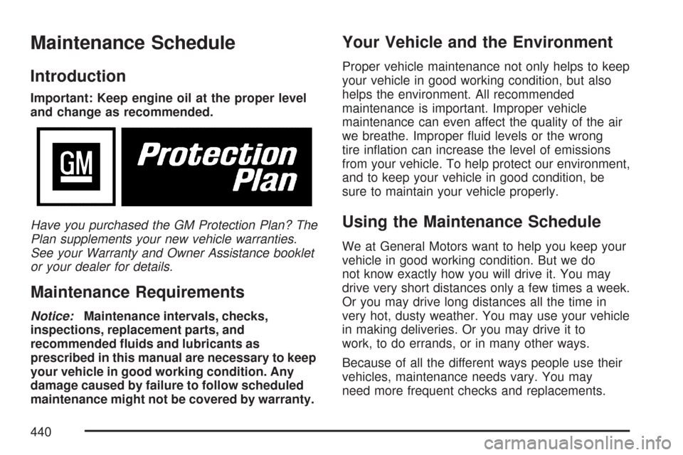 CHEVROLET COLORADO 2007 1.G Owners Manual Maintenance Schedule
Introduction
Important: Keep engine oil at the proper level
and change as recommended.
Have you purchased the GM Protection Plan? The
Plan supplements your new vehicle warranties.