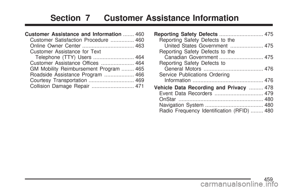 CHEVROLET COLORADO 2007 1.G Owners Manual Customer Assistance and Information....... 460
Customer Satisfaction Procedure............... 460
Online Owner Center................................. 463
Customer Assistance for Text
Telephone (TTY) 