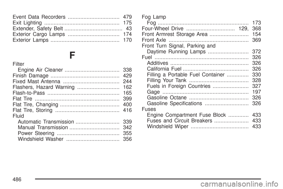 CHEVROLET COLORADO 2007 1.G Owners Manual Event Data Recorders................................. 479
Exit Lighting................................................ 175
Extender, Safety Belt..................................... 43
Exterior Cargo