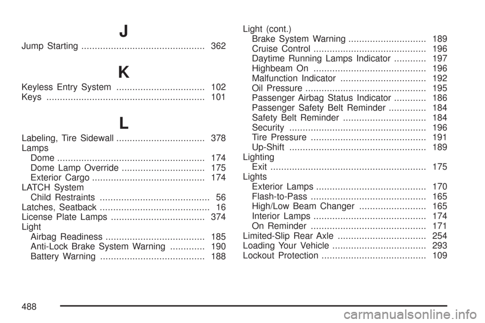 CHEVROLET COLORADO 2007 1.G Workshop Manual J
Jump Starting.............................................. 362
K
Keyless Entry System................................. 102
Keys........................................................... 101
L
Labe