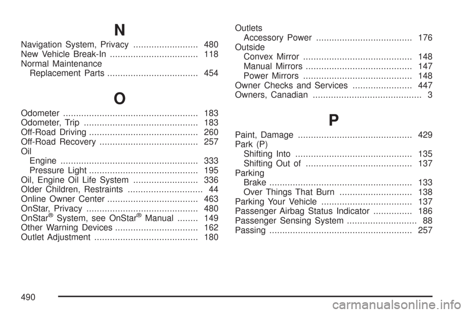 CHEVROLET COLORADO 2007 1.G Workshop Manual N
Navigation System, Privacy......................... 480
New Vehicle Break-In.................................. 118
Normal Maintenance
Replacement Parts................................... 454
O
Odome