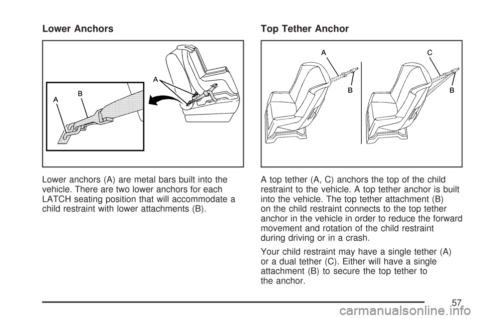 CHEVROLET COLORADO 2007 1.G Workshop Manual Lower Anchors
Lower anchors (A) are metal bars built into the
vehicle. There are two lower anchors for each
LATCH seating position that will accommodate a
child restraint with lower attachments (B).
T