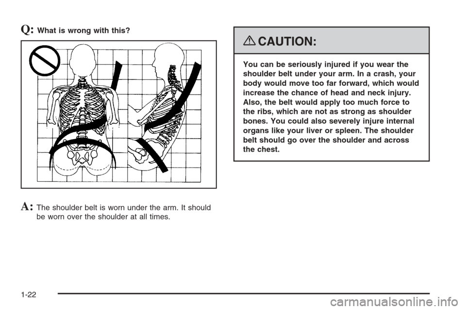 CHEVROLET COLORADO 2008 1.G Owners Manual Q:What is wrong with this?
A:The shoulder belt is worn under the arm. It should
be worn over the shoulder at all times.
{CAUTION:
You can be seriously injured if you wear the
shoulder belt under your 