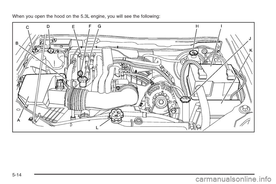 CHEVROLET COLORADO 2008 1.G Owners Manual When you open the hood on the 5.3L engine, you will see the following:
5-14 