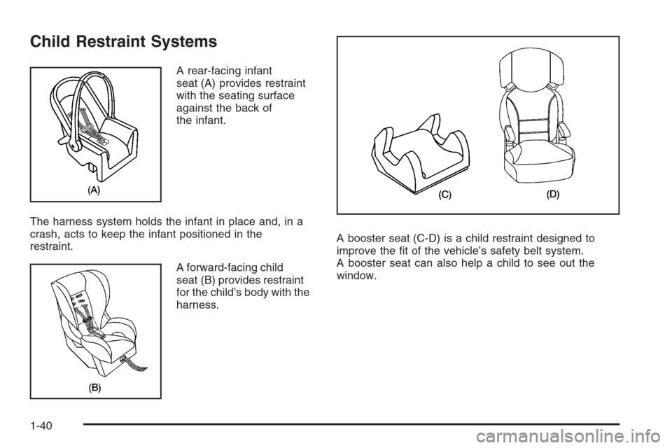 CHEVROLET COLORADO 2008 1.G Owners Manual Child Restraint Systems
A rear-facing infant
seat (A) provides restraint
with the seating surface
against the back of
the infant.
The harness system holds the infant in place and, in a
crash, acts to 