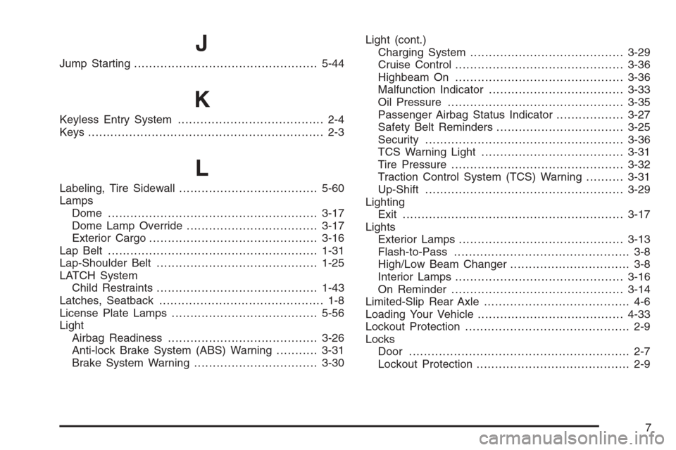 CHEVROLET COLORADO 2008 1.G Service Manual J
Jump Starting.................................................5-44
K
Keyless Entry System....................................... 2-4
Keys.............................................................