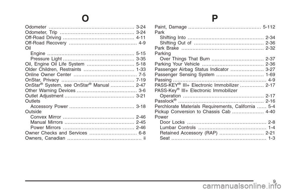 CHEVROLET COLORADO 2008 1.G Service Manual O
Odometer......................................................3-24
Odometer, Trip...............................................3-24
Off-Road Driving.............................................4-11