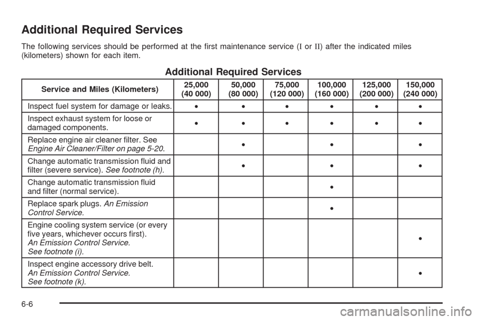 CHEVROLET COLORADO 2009 1.G Owners Manual Additional Required Services
The following services should be performed at the �rst maintenance service (IorII) after the indicated miles
(kilometers) shown for each item.
Additional Required Services