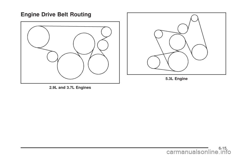 CHEVROLET COLORADO 2009 1.G Owners Manual Engine Drive Belt Routing
2.9L and 3.7L Engines
5.3L Engine
6-15 