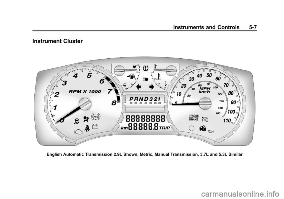 CHEVROLET COLORADO 2011 1.G Owners Manual Black plate (7,1)Chevrolet Colorado Owner Manual - 2011
Instruments and Controls 5-7
Instrument Cluster
English Automatic Transmission 2.9L Shown, Metric, Manual Transmission, 3.7L and 5.3L Similar 