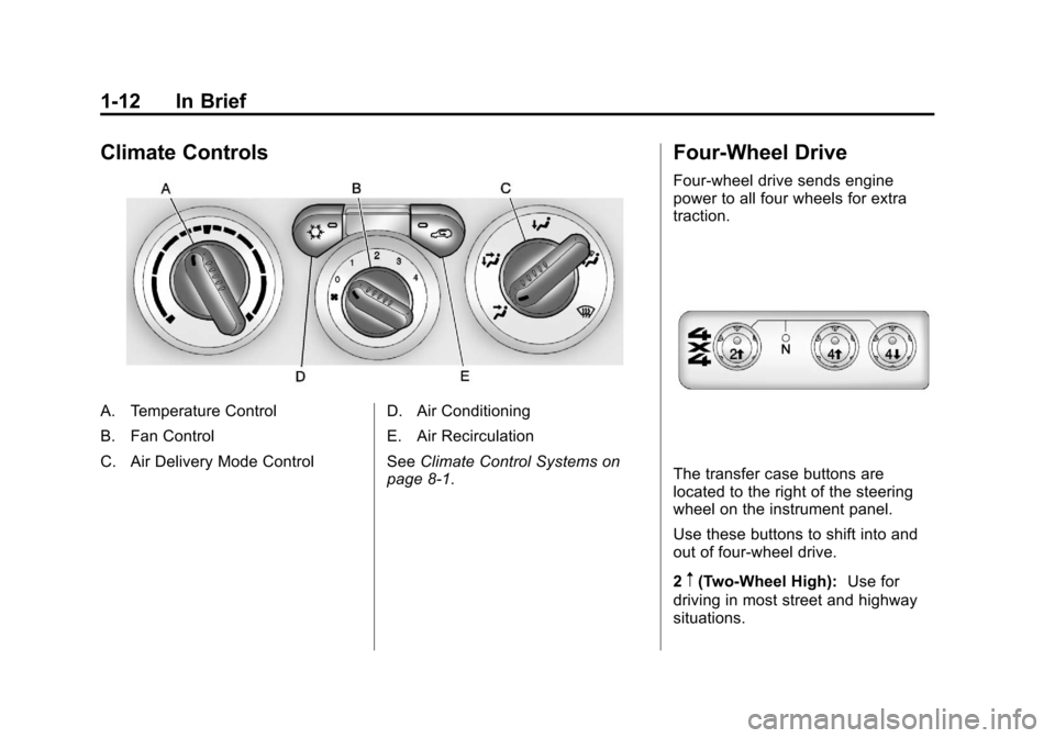 CHEVROLET COLORADO 2011 1.G User Guide Black plate (12,1)Chevrolet Colorado Owner Manual - 2011
1-12 In Brief
Climate Controls
A. Temperature Control
B. Fan Control
C. Air Delivery Mode ControlD. Air Conditioning
E. Air Recirculation
See
C