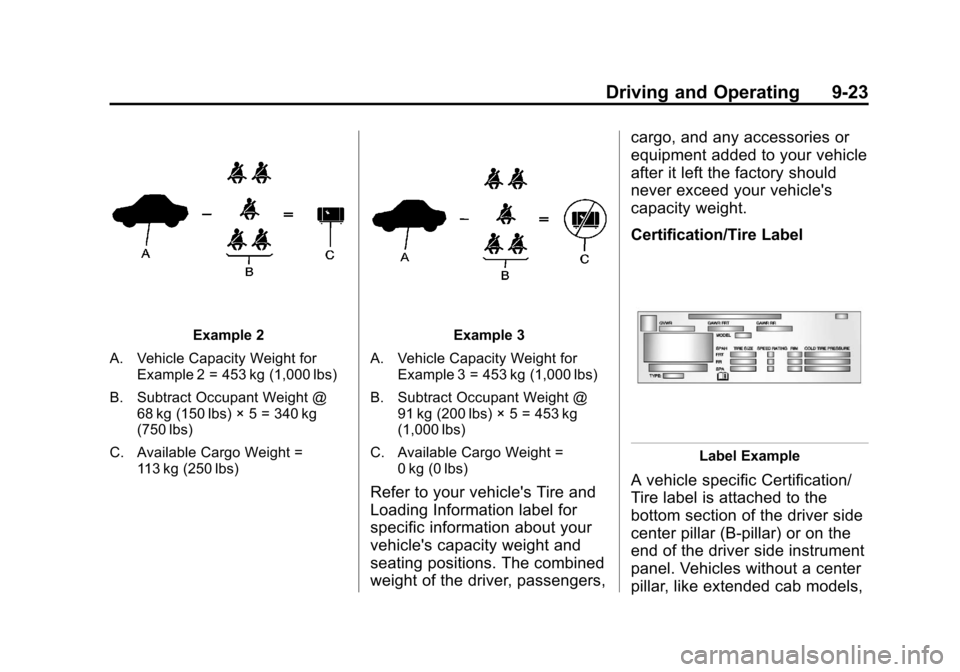 CHEVROLET COLORADO 2011 1.G Owners Manual Black plate (23,1)Chevrolet Colorado Owner Manual - 2011
Driving and Operating 9-23
Example 2
A. Vehicle Capacity Weight for Example 2 = 453 kg (1,000 lbs)
B. Subtract Occupant Weight @ 68 kg (150 lbs