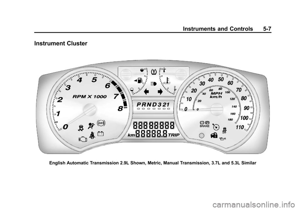 CHEVROLET COLORADO 2012 1.G Owners Manual Black plate (7,1)Chevrolet Colorado Owner Manual - 2012
Instruments and Controls 5-7
Instrument Cluster
English Automatic Transmission 2.9L Shown, Metric, Manual Transmission, 3.7L and 5.3L Similar CHEVROLET COLORADO 2012 1.G Owners Manual Black plate (7,1)Chevrolet Colorado Owner Manual - 2012
Instruments and Controls 5-7
Instrument Cluster
English Automatic Transmission 2.9L Shown, Metric, Manual Transmission, 3.7L and 5.3L Similar