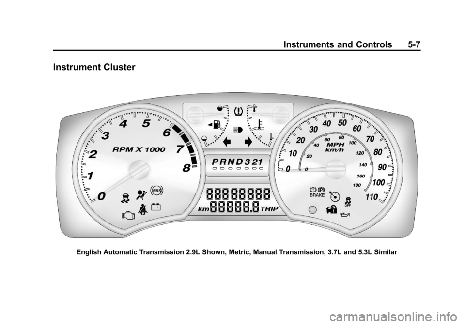 CHEVROLET COLORADO 2012 1.G Owners Manual Black plate (7,1)Chevrolet Colorado Owner Manual - 2012
Instruments and Controls 5-7
Instrument Cluster
English Automatic Transmission 2.9L Shown, Metric, Manual Transmission, 3.7L and 5.3L Similar 