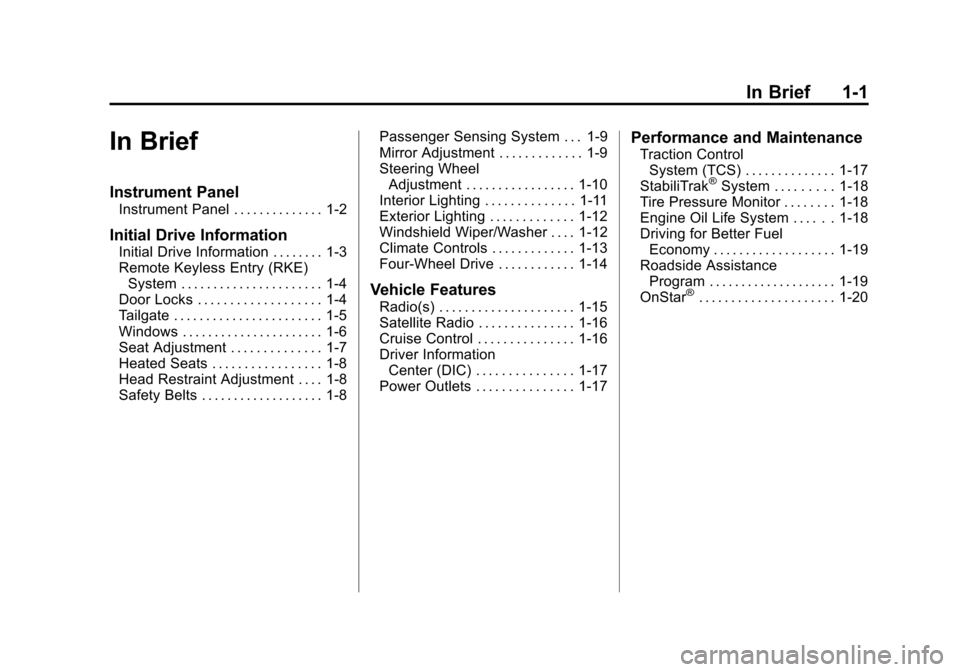CHEVROLET COLORADO 2012 1.G Owners Manual Black plate (1,1)Chevrolet Colorado Owner Manual - 2012
In Brief 1-1
In Brief
Instrument Panel
Instrument Panel . . . . . . . . . . . . . . 1-2
Initial Drive Information
Initial Drive Information . . 