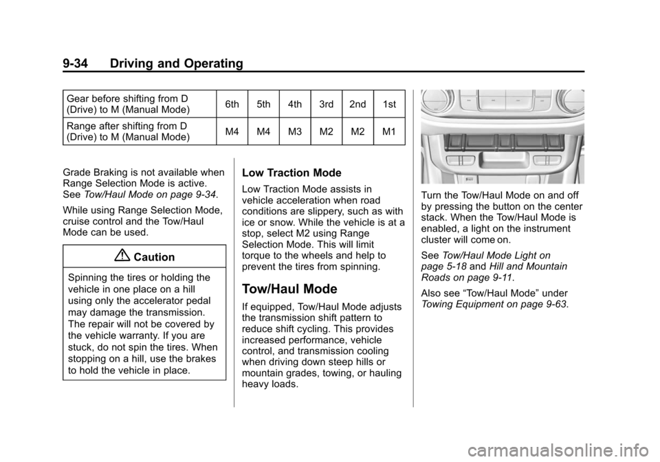 CHEVROLET COLORADO 2015 2.G Owners Manual Black plate (34,1)Chevrolet Colorado Owner Manual (GMNA-Localizing-U.S./Canada-
7586788) - 2015 - crc - 2/9/15
9-34 Driving and Operating
Gear before shifting from D
(Drive) to M (Manual Mode)6th 5th CHEVROLET COLORADO 2015 2.G Owners Manual Black plate (34,1)Chevrolet Colorado Owner Manual (GMNA-Localizing-U.S./Canada-
7586788) - 2015 - crc - 2/9/15
9-34 Driving and Operating
Gear before shifting from D
(Drive) to M (Manual Mode)6th 5th