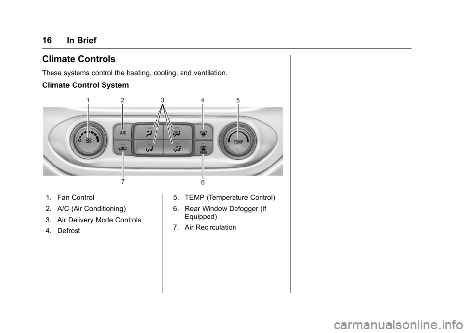 CHEVROLET COLORADO 2016 2.G User Guide Chevrolet Colorado Owner Manual (GMNA-Localizing-U.S/Canada/Mexico-
9159327) - 2016 - crc - 8/28/15
16 In Brief
Climate Controls
These systems control the heating, cooling, and ventilation.
Climate Co CHEVROLET COLORADO 2016 2.G User Guide Chevrolet Colorado Owner Manual (GMNA-Localizing-U.S/Canada/Mexico-
9159327) - 2016 - crc - 8/28/15
16 In Brief
Climate Controls
These systems control the heating, cooling, and ventilation.
Climate Co