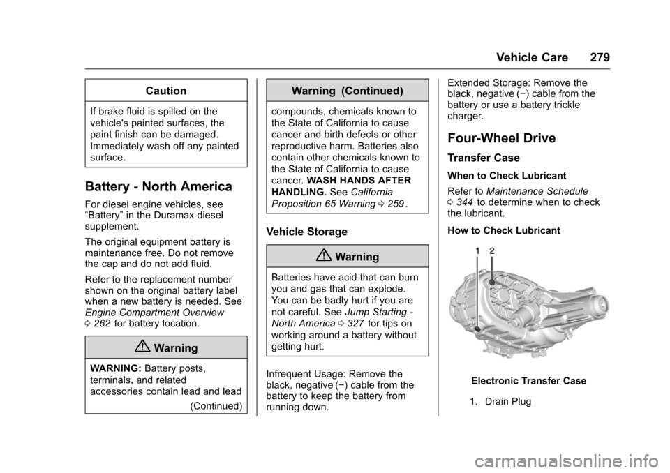 CHEVROLET COLORADO 2016 2.G Owners Manual Chevrolet Colorado Owner Manual (GMNA-Localizing-U.S/Canada/Mexico-
9159327) - 2016 - crc - 8/28/15
Vehicle Care 279
Caution
If brake fluid is spilled on the
vehicles painted surfaces, the
paint fini CHEVROLET COLORADO 2016 2.G Owners Manual Chevrolet Colorado Owner Manual (GMNA-Localizing-U.S/Canada/Mexico-
9159327) - 2016 - crc - 8/28/15
Vehicle Care 279
Caution
If brake fluid is spilled on the
vehicles painted surfaces, the
paint fini