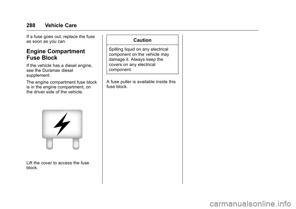 CHEVROLET COLORADO 2016 2.G Owners Manual Chevrolet Colorado Owner Manual (GMNA-Localizing-U.S/Canada/Mexico-
9159327) - 2016 - crc - 8/28/15
288 Vehicle Care
If a fuse goes out, replace the fuse
as soon as you can.
Engine Compartment
Fuse Bl