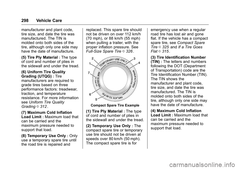CHEVROLET COLORADO 2016 2.G Owners Manual Chevrolet Colorado Owner Manual (GMNA-Localizing-U.S/Canada/Mexico-
9159327) - 2016 - crc - 8/28/15
298 Vehicle Care
manufacturer and plant code,
tire size, and date the tire was
manufactured. The TIN CHEVROLET COLORADO 2016 2.G Owners Manual Chevrolet Colorado Owner Manual (GMNA-Localizing-U.S/Canada/Mexico-
9159327) - 2016 - crc - 8/28/15
298 Vehicle Care
manufacturer and plant code,
tire size, and date the tire was
manufactured. The TIN