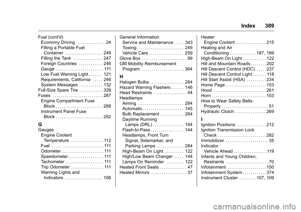 CHEVROLET COLORADO 2016 2.G Owners Manual Chevrolet Colorado Owner Manual (GMNA-Localizing-U.S/Canada/Mexico-
9159327) - 2016 - crc - 8/28/15
Index 389
Fuel (contd)Economy Driving . . . . . . . . . . . . . . . 24
Filling a Portable Fuel
Cont