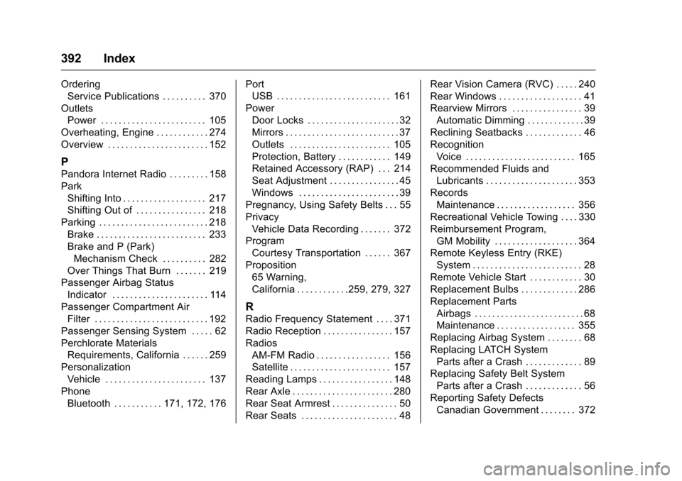 CHEVROLET COLORADO 2016 2.G Owners Manual Chevrolet Colorado Owner Manual (GMNA-Localizing-U.S/Canada/Mexico-
9159327) - 2016 - crc - 8/28/15
392 Index
OrderingService Publications . . . . . . . . . . 370
Outlets Power . . . . . . . . . . . .