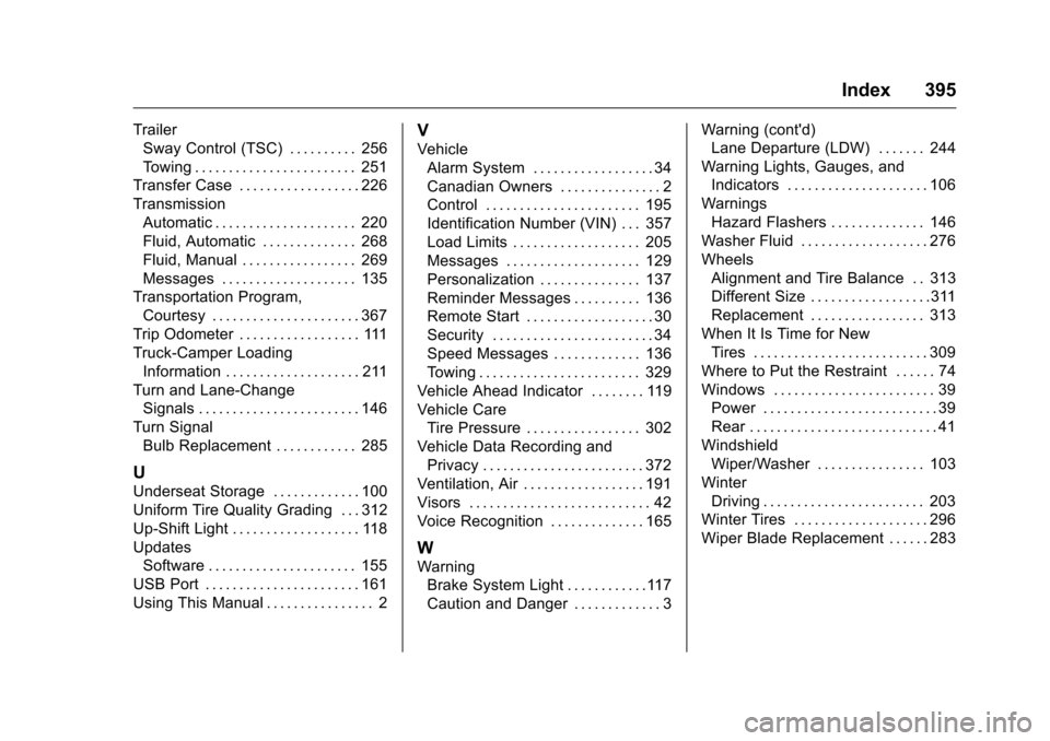CHEVROLET COLORADO 2016 2.G Owners Manual Chevrolet Colorado Owner Manual (GMNA-Localizing-U.S/Canada/Mexico-
9159327) - 2016 - crc - 8/28/15
Index 395
TrailerSway Control (TSC) . . . . . . . . . . 256
Towing . . . . . . . . . . . . . . . . .