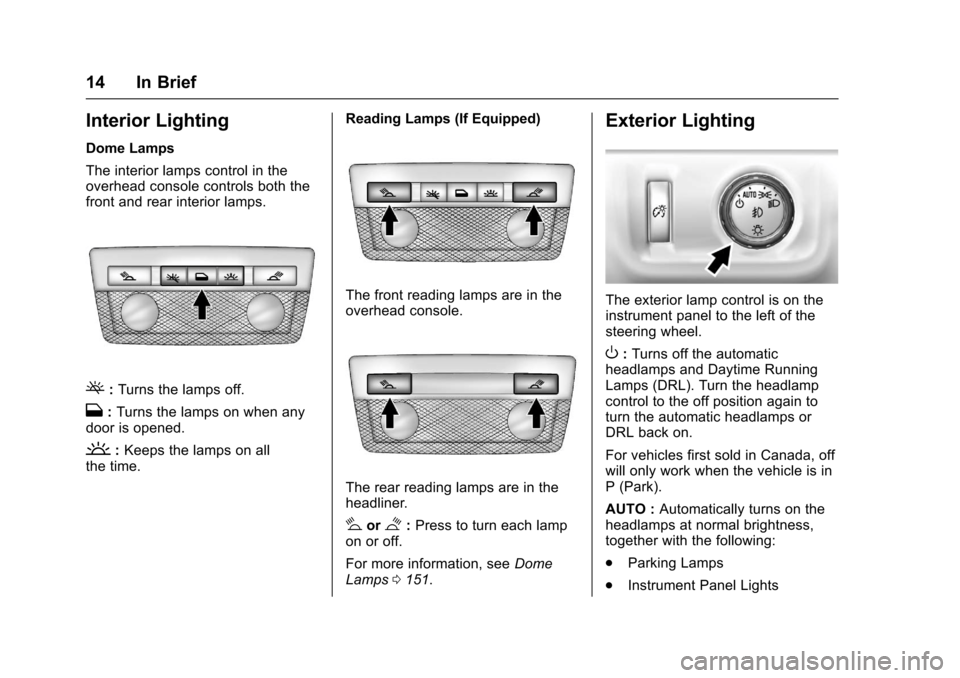 CHEVROLET COLORADO 2017 2.G User Guide Chevrolet Colorado Owner Manual (GMNA-Localizing-U.S./Canada/Mexico-10122675) - 2017 - crc - 8/22/16
14 In Brief
Interior Lighting
Dome Lamps
The interior lamps control in theoverhead console controls CHEVROLET COLORADO 2017 2.G User Guide Chevrolet Colorado Owner Manual (GMNA-Localizing-U.S./Canada/Mexico-10122675) - 2017 - crc - 8/22/16
14 In Brief
Interior Lighting
Dome Lamps
The interior lamps control in theoverhead console controls