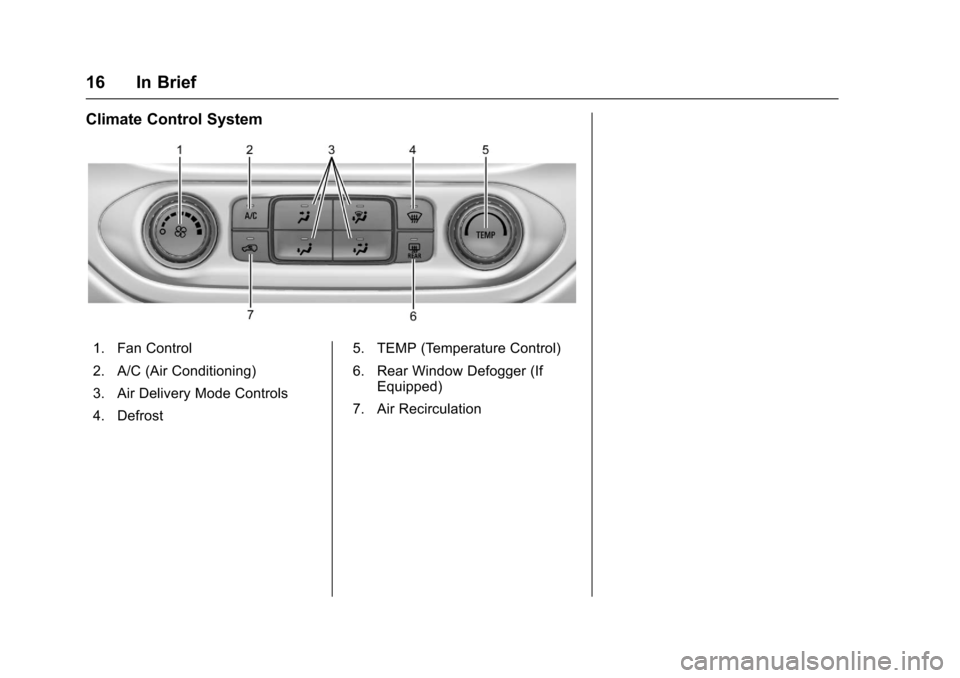 CHEVROLET COLORADO 2017 2.G User Guide Chevrolet Colorado Owner Manual (GMNA-Localizing-U.S./Canada/Mexico-10122675) - 2017 - crc - 8/22/16
16 In Brief
Climate Control System
1. Fan Control
2. A/C (Air Conditioning)
3. Air Delivery Mode Co CHEVROLET COLORADO 2017 2.G User Guide Chevrolet Colorado Owner Manual (GMNA-Localizing-U.S./Canada/Mexico-10122675) - 2017 - crc - 8/22/16
16 In Brief
Climate Control System
1. Fan Control
2. A/C (Air Conditioning)
3. Air Delivery Mode Co