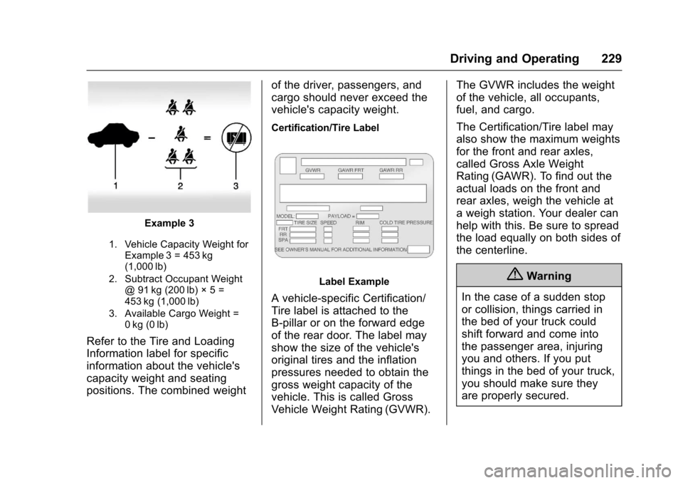 CHEVROLET COLORADO 2017 2.G Owners Manual Chevrolet Colorado Owner Manual (GMNA-Localizing-U.S./Canada/Mexico-10122675) - 2017 - crc - 8/22/16
Driving and Operating 229
Example 3
1. Vehicle Capacity Weight forExample 3 = 453 kg(1,000 lb)
2. S