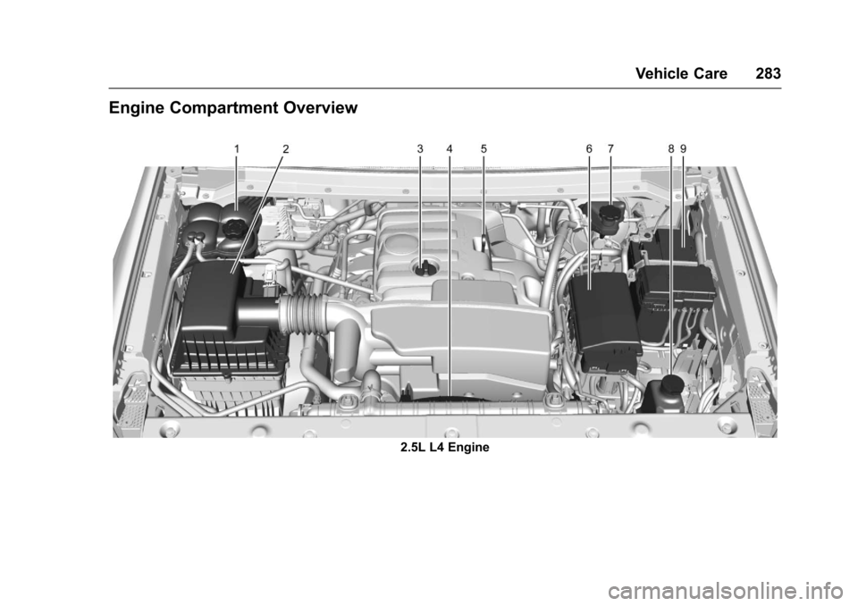 CHEVROLET COLORADO 2017 2.G Owners Manual Chevrolet Colorado Owner Manual (GMNA-Localizing-U.S./Canada/Mexico-10122675) - 2017 - crc - 8/22/16
Vehicle Care 283
Engine Compartment Overview
2.5L L4 Engine CHEVROLET COLORADO 2017 2.G Owners Manual Chevrolet Colorado Owner Manual (GMNA-Localizing-U.S./Canada/Mexico-10122675) - 2017 - crc - 8/22/16
Vehicle Care 283
Engine Compartment Overview
2.5L L4 Engine