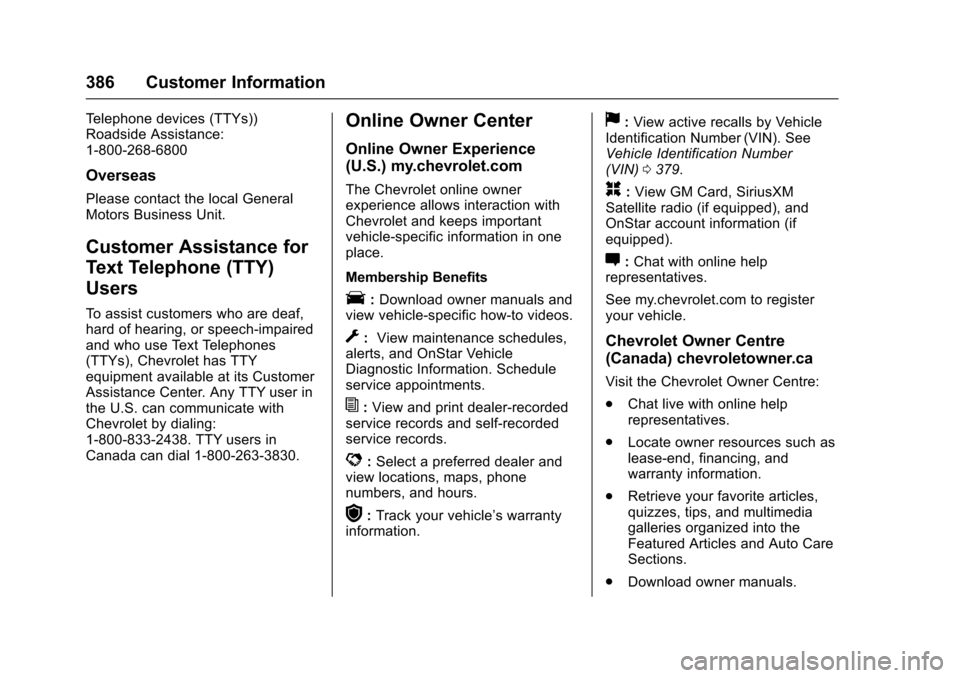 CHEVROLET COLORADO 2017 2.G Repair Manual Chevrolet Colorado Owner Manual (GMNA-Localizing-U.S./Canada/Mexico-10122675) - 2017 - crc - 8/22/16
386 Customer Information
Te l e p h o n e d e v i c e s ( T T Y s ) )Roadside Assistance:1-800-268-