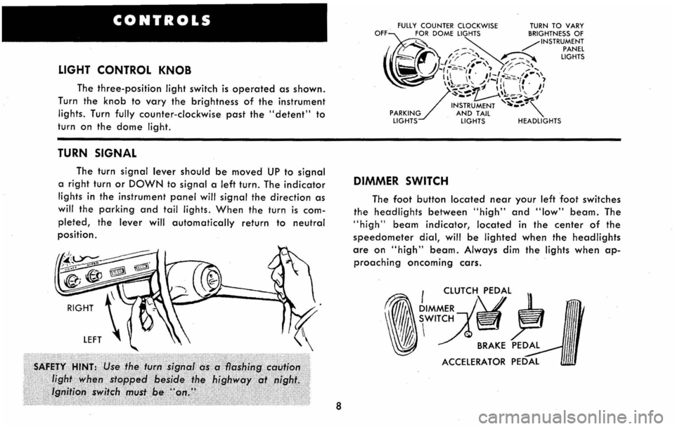 CHEVROLET CORVAIR 1960 1.G User Guide CONTROLS
LIGHT CONTROL KNOB
The three-position light switch is operated as shown.
Turn the
knob to vary the brightness of the instrument
lights. Turn fully counter-clockwise past the "detent" to CHEVROLET CORVAIR 1960 1.G User Guide CONTROLS
LIGHT CONTROL KNOB
The three-position light switch is operated as shown.
Turn the
knob to vary the brightness of the instrument
lights. Turn fully counter-clockwise past the "detent" to