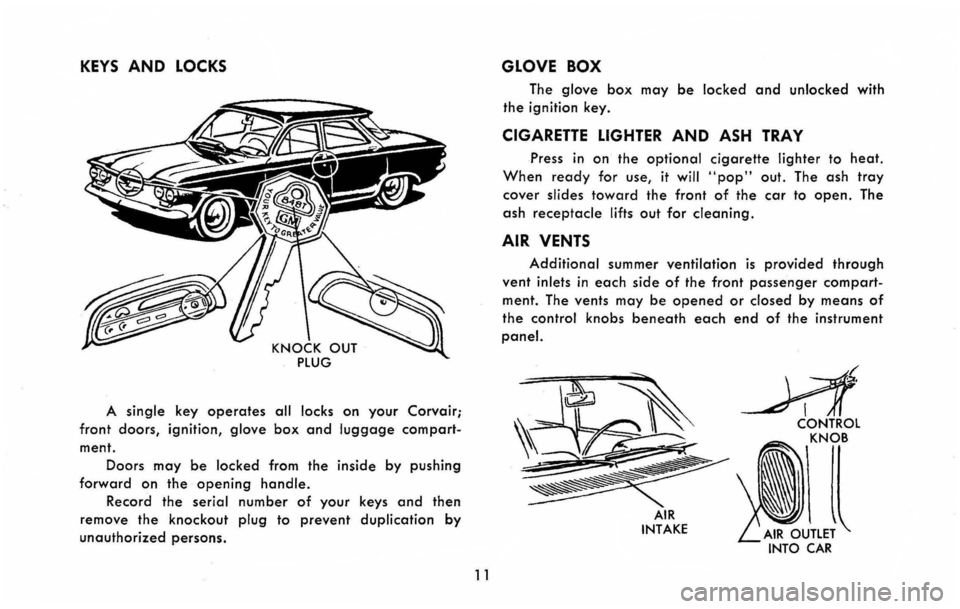 CHEVROLET CORVAIR 1960 1.G User Guide KEYS AND LOCKS
A single key operates all locks on your Corvair;
front doors, ignition, glove box and luggage compart
ment. Doors
may be locked from the inside by pushing
forward on the opening CHEVROLET CORVAIR 1960 1.G User Guide KEYS AND LOCKS
A single key operates all locks on your Corvair;
front doors, ignition, glove box and luggage compart
ment. Doors
may be locked from the inside by pushing
forward on the opening