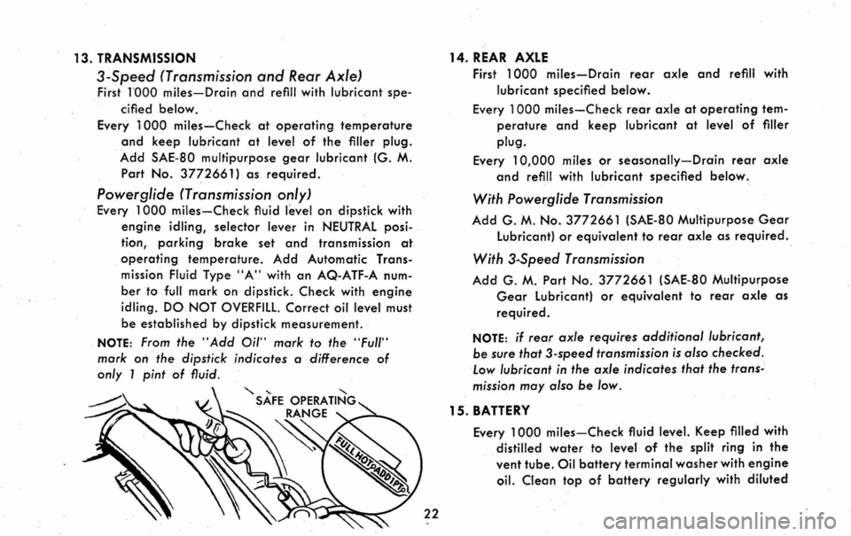 CHEVROLET CORVAIR 1960 1.G Owners Manual 13. TRANSMISSION
3-Speed (Transmission and Rear Axle)
First 1000 miles-Drain and refill with lubricant spe
cified
below.
Every 1000 miles-Check at operating temperature
and keep lubricant at CHEVROLET CORVAIR 1960 1.G Owners Manual 13. TRANSMISSION
3-Speed (Transmission and Rear Axle)
First 1000 miles-Drain and refill with lubricant spe
cified
below.
Every 1000 miles-Check at operating temperature
and keep lubricant at
