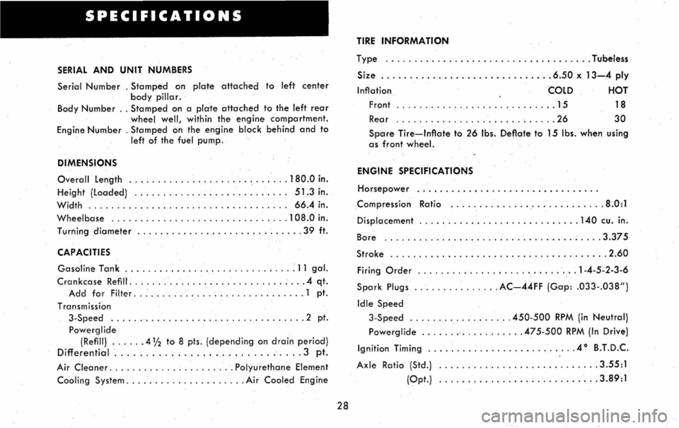 CHEVROLET CORVAIR 1960 1.G Owners Guide SPECIFICATIONS 
SERIAL AND UNIT NUMBERS 
Serial Number . Stamped on plate attached to left center body pillar. Body Number .. Stamped on a plate attached to the  left rear wheel well, within  the engi