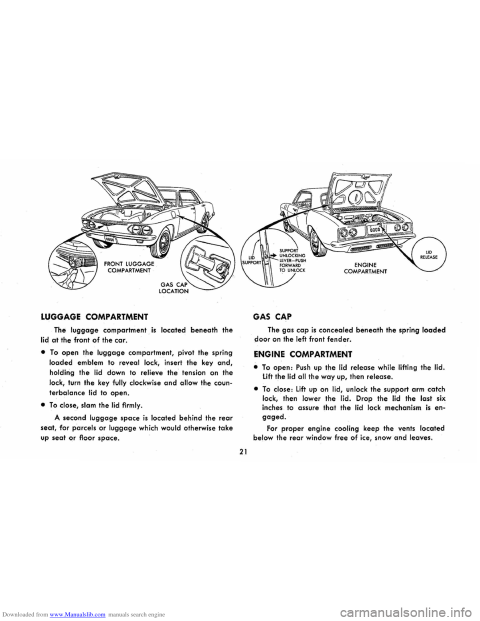 CHEVROLET CORVAIR 1965 2.G Owners Manual Downloaded from www.Manualslib.com manuals search engine LUGGAGE COMPARTMENT 
The luggage compartment is located beneath the 
lid 
at the  front of the car . 
• To open the luggage compartment,  piv