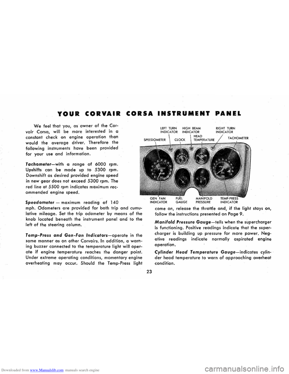 CHEVROLET CORVAIR 1965 2.G Owners Manual Downloaded from www.Manualslib.com manuals search engine YOUR CORVAIR CORSA INSTRUMENT PANEL 
We feel that you, as owner of the Cor-
vair Corsa, will be more interested  in a 
constant  check on 
engi