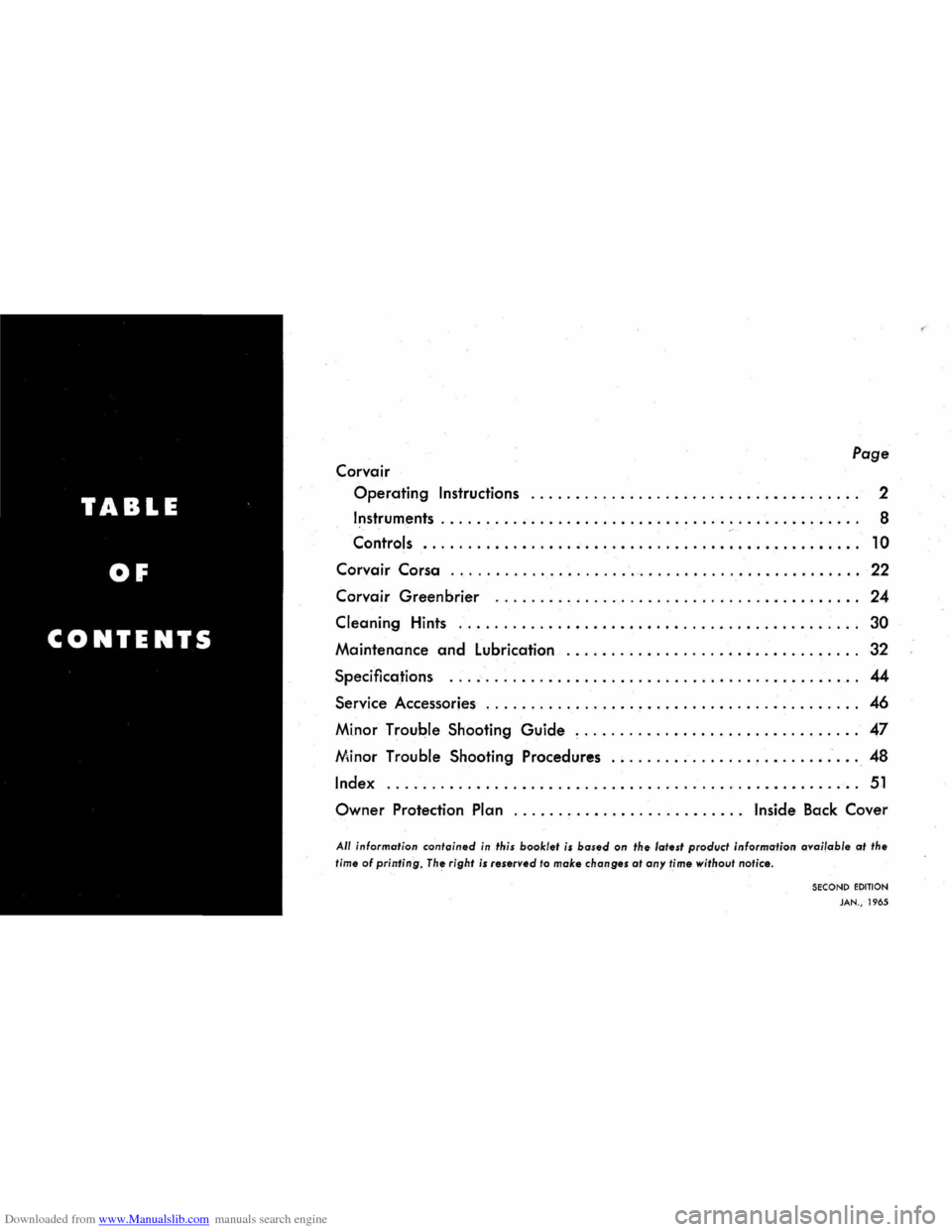 CHEVROLET CORVAIR 1965 2.G Owners Manual Downloaded from www.Manualslib.com manuals search engine Page 
Corvair 
Operating Instructions ..................................... 2 
Instruments. . . . . . . . . .. . .  . . . . . . . . . . . . . .