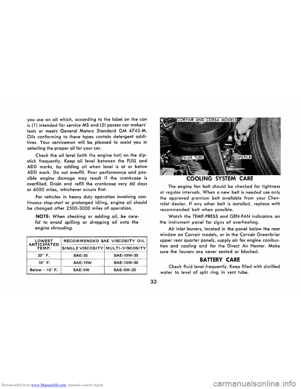 CHEVROLET CORVAIR 1965 2.G Owners Manual Downloaded from www.Manualslib.com manuals search engine you use an oil which, according to the label on the  can 
is (1) intended for service MS and (2) passes car makers 
tests or meets General Mot