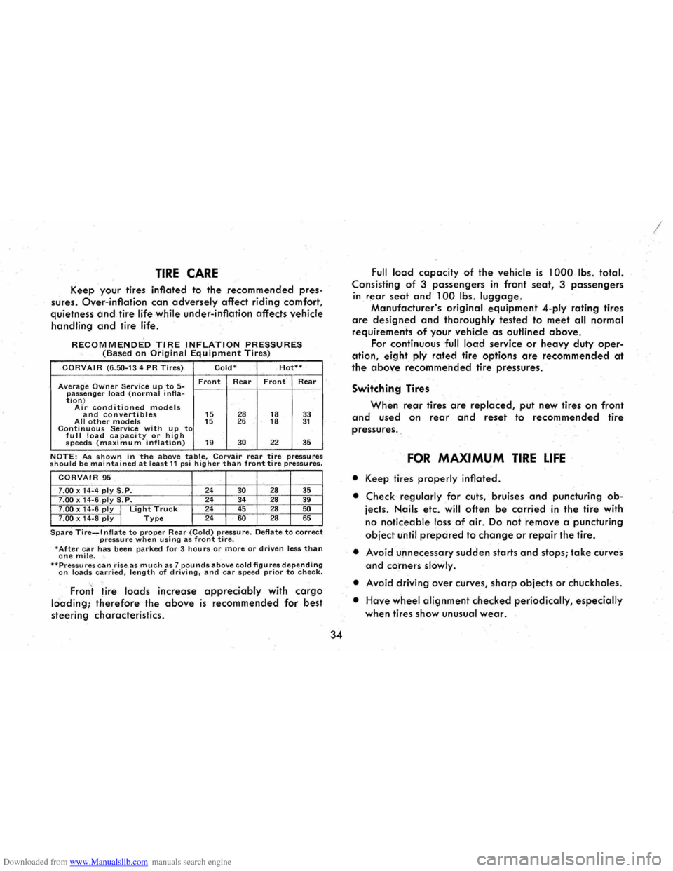 CHEVROLET CORVAIR 1965 2.G Owners Guide Downloaded from www.Manualslib.com manuals search engine TIRE CARE
Keep your tires inflated to the recommended pres
sures.
Over-inflation can adversely affect riding comfort,
quietness and tire l CHEVROLET CORVAIR 1965 2.G Owners Guide Downloaded from www.Manualslib.com manuals search engine TIRE CARE
Keep your tires inflated to the recommended pres
sures.
Over-inflation can adversely affect riding comfort,
quietness and tire l