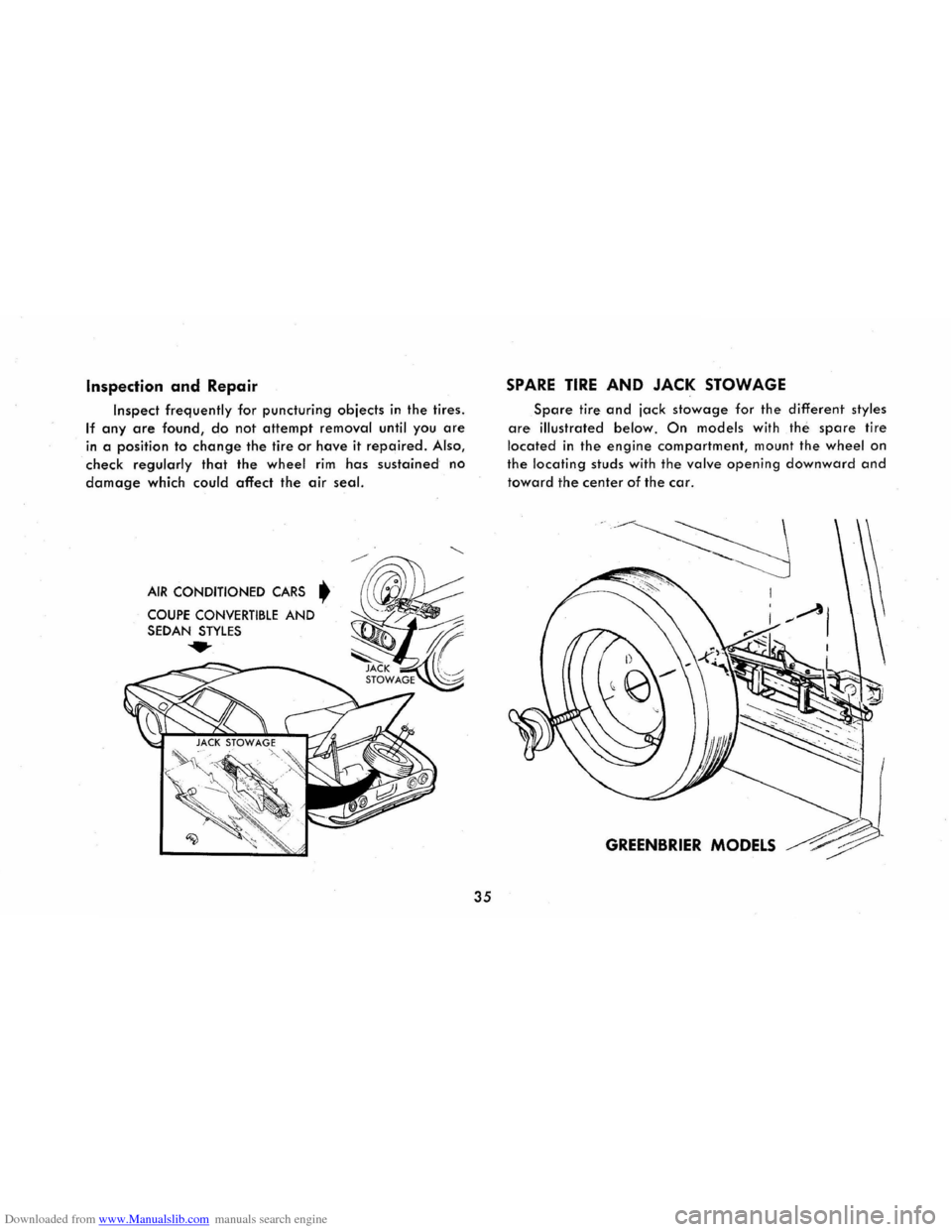 CHEVROLET CORVAIR 1965 2.G Owners Manual Downloaded from www.Manualslib.com manuals search engine Inspection and Repair 
Inspect frequently for puncturing objects in the tires. 
If any are found, do not attempt removal until you are 
in a po