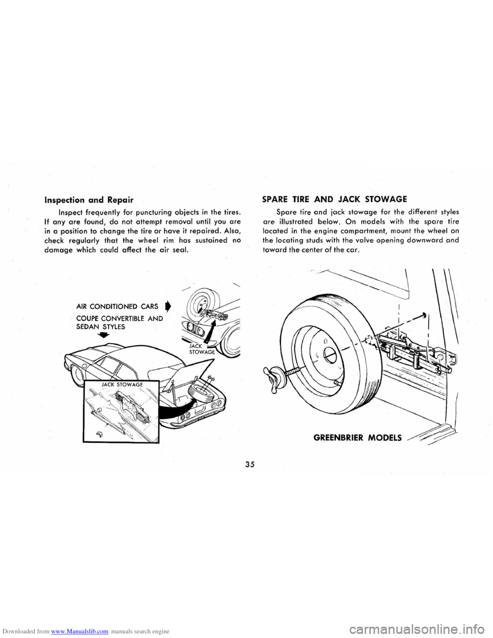 CHEVROLET CORVAIR 1965 2.G Owners Guide Downloaded from www.Manualslib.com manuals search engine Inspection and Repair
Inspect frequently for puncturing objects in the tires.
If any are found, do not attempt removal until you are
in a po CHEVROLET CORVAIR 1965 2.G Owners Guide Downloaded from www.Manualslib.com manuals search engine Inspection and Repair
Inspect frequently for puncturing objects in the tires.
If any are found, do not attempt removal until you are
in a po