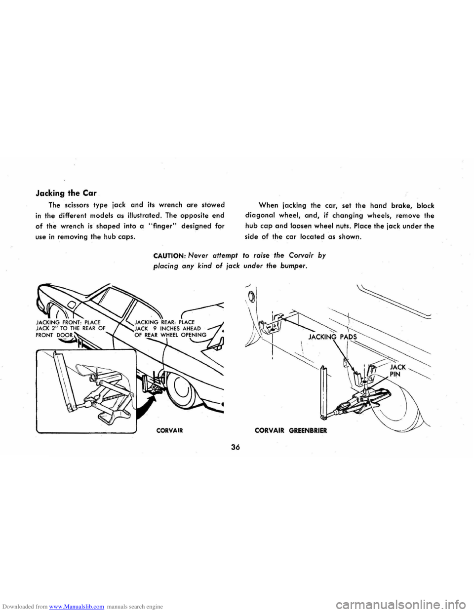 CHEVROLET CORVAIR 1965 2.G Owners Manual Downloaded from www.Manualslib.com manuals search engine Jacking the Car 
The scissors  type jack and its wrench are stowed 
in the different models as illustrated. The opposite end 
of the  wrench is