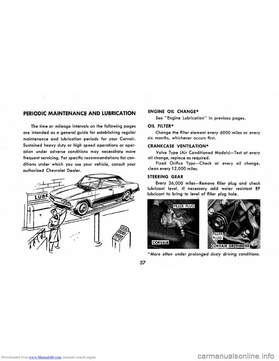 CHEVROLET CORVAIR 1965 2.G Owners Manual Downloaded from www.Manualslib.com manuals search engine PERIODIC MAINTENANCE AND LUBRICATION
The time or mileage intervals on the following pages
are intended as a general guide for establishing r CHEVROLET CORVAIR 1965 2.G Owners Manual Downloaded from www.Manualslib.com manuals search engine PERIODIC MAINTENANCE AND LUBRICATION
The time or mileage intervals on the following pages
are intended as a general guide for establishing r