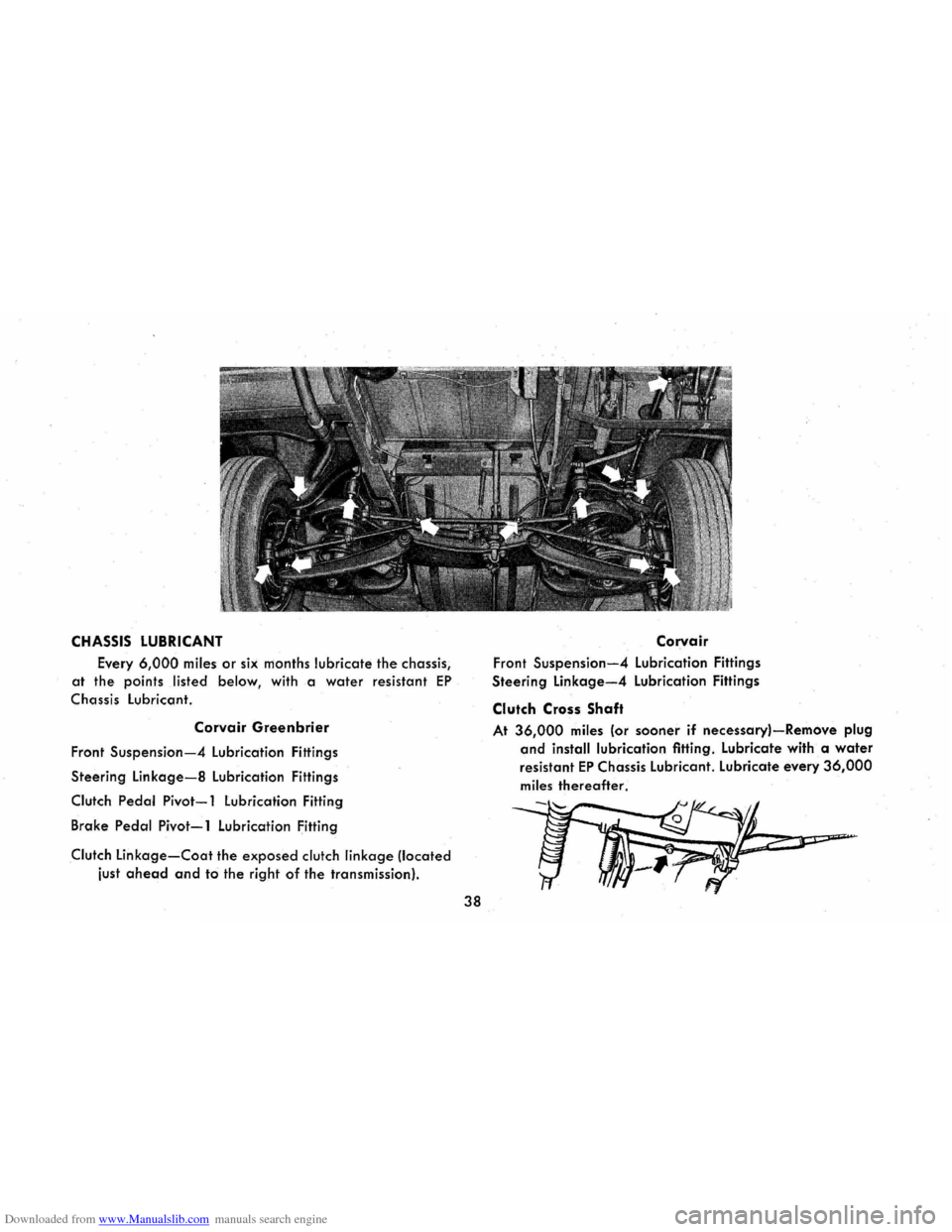 CHEVROLET CORVAIR 1965 2.G Service Manual Downloaded from www.Manualslib.com manuals search engine CHASSIS LUBRICANT
Every 6,000 miles or six months lubricate the chassis,
at the points listed below, with a water resistant EP
Chassis CHEVROLET CORVAIR 1965 2.G Service Manual Downloaded from www.Manualslib.com manuals search engine CHASSIS LUBRICANT
Every 6,000 miles or six months lubricate the chassis,
at the points listed below, with a water resistant EP
Chassis