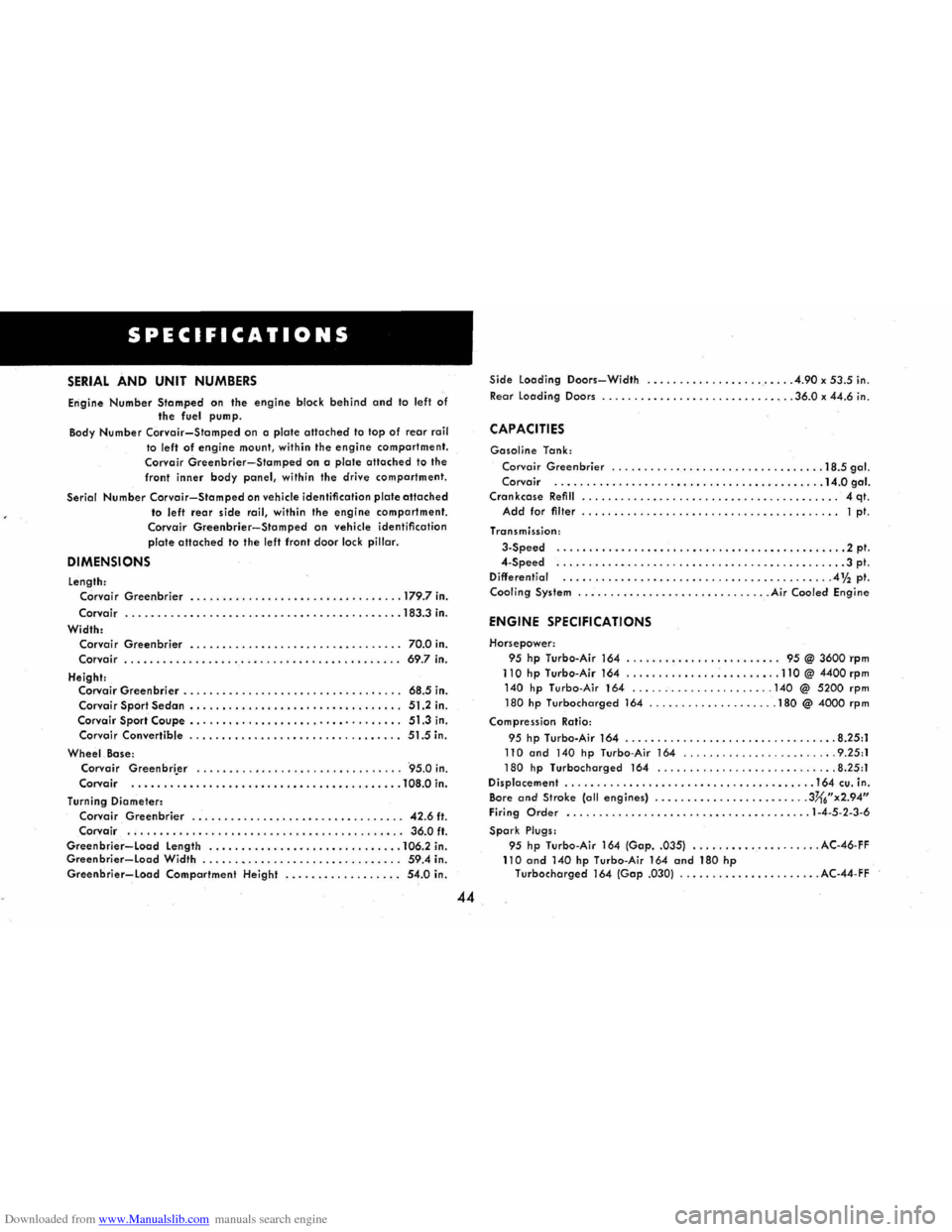 CHEVROLET CORVAIR 1965 2.G Owners Manual Downloaded from www.Manualslib.com manuals search engine SPECIFICATIONS 
SERIAL AND UNIT NUMBERS 
Engine Number Stamped on the engine block behind and to left of the fu el pump. 
Body Number Corvair-S