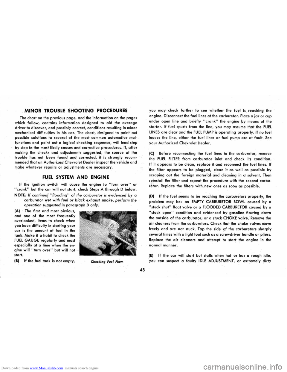 CHEVROLET CORVAIR 1965 2.G Owners Manual Downloaded from www.Manualslib.com manuals search engine MINOR TROUBLE SHOOTING PROCEDURES 
The chart on the  previous page, and the information  on the pages 
which follow, contains  information desi