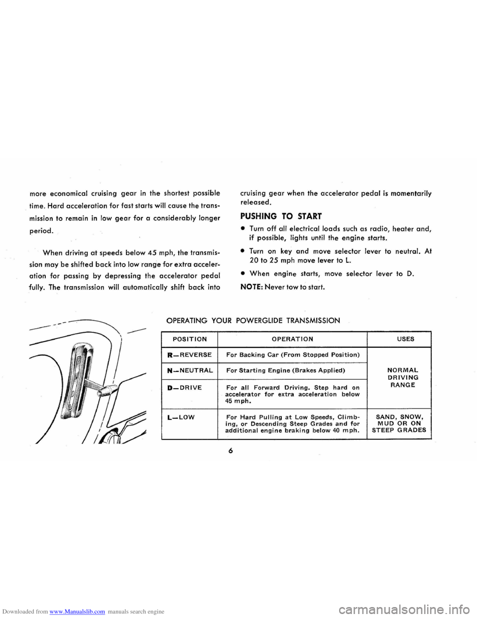 CHEVROLET CORVAIR 1965 2.G Owners Manual Downloaded from www.Manualslib.com manuals search engine more economical cruising gear in the shortest possible 
time. Hard acceleration for fast starts will cause the trans­
mission to remain in low