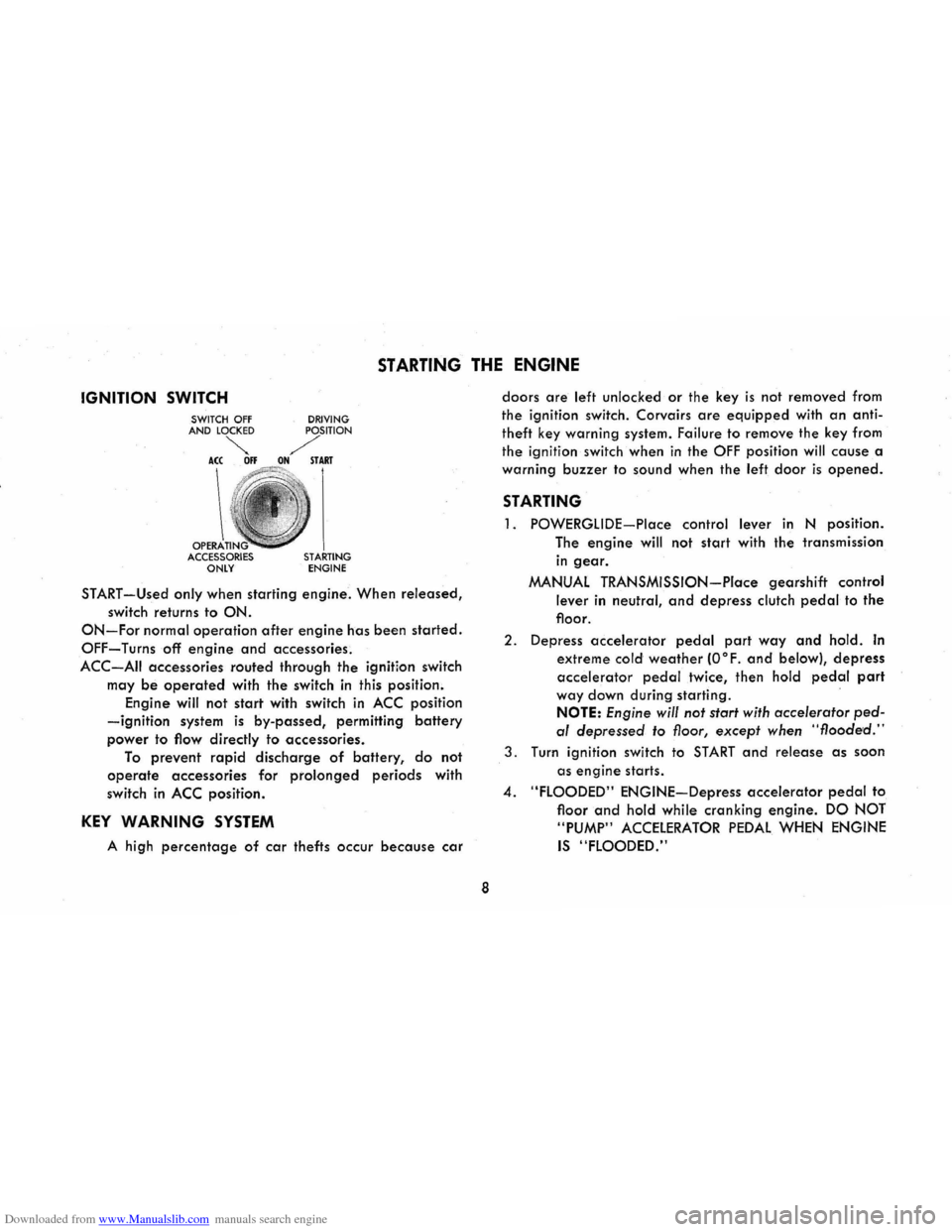 CHEVROLET CORVAIR 1986 2.G User Guide Downloaded from www.Manualslib.com manuals search engine STARTING THE ENGINE
IGNITION SWITCH
OPERA ACCESSORIES ONLY DRIVING STARTING ENGINE
START-Used only when
starting engine. When released,
sw CHEVROLET CORVAIR 1986 2.G User Guide Downloaded from www.Manualslib.com manuals search engine STARTING THE ENGINE
IGNITION SWITCH
OPERA ACCESSORIES ONLY DRIVING STARTING ENGINE
START-Used only when
starting engine. When released,
sw